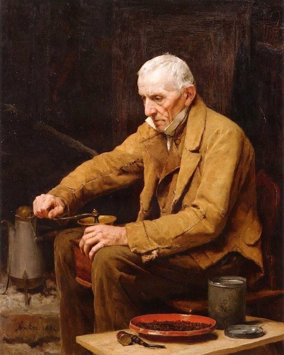 Albert Anker — Old Man with Coffee Grinder, 1886, oil on canvas